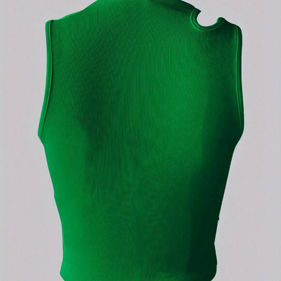 Green Casual Women's Stand Collar Hollow Out Slim Fit Crop Top - Picture 2 of 5